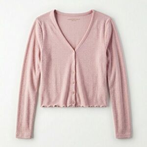 American Eagle Outfitters Pink V‑Neck Button Crop Cardigan